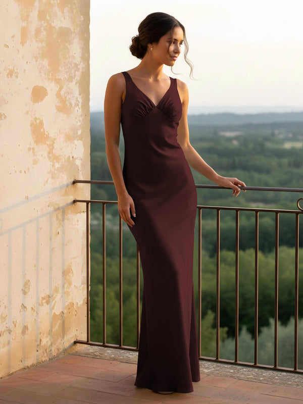V Neck Pleated Satin Long Bridesmaid Dresses