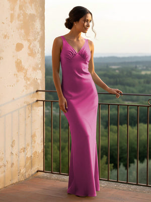 V Neck Pleated Satin Long Bridesmaid Dresses