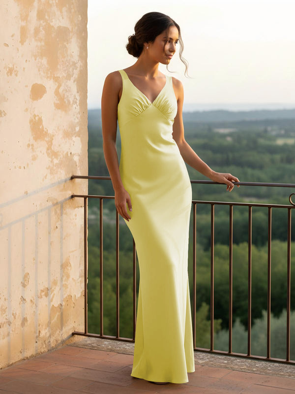 V Neck Pleated Satin Long Bridesmaid Dresses