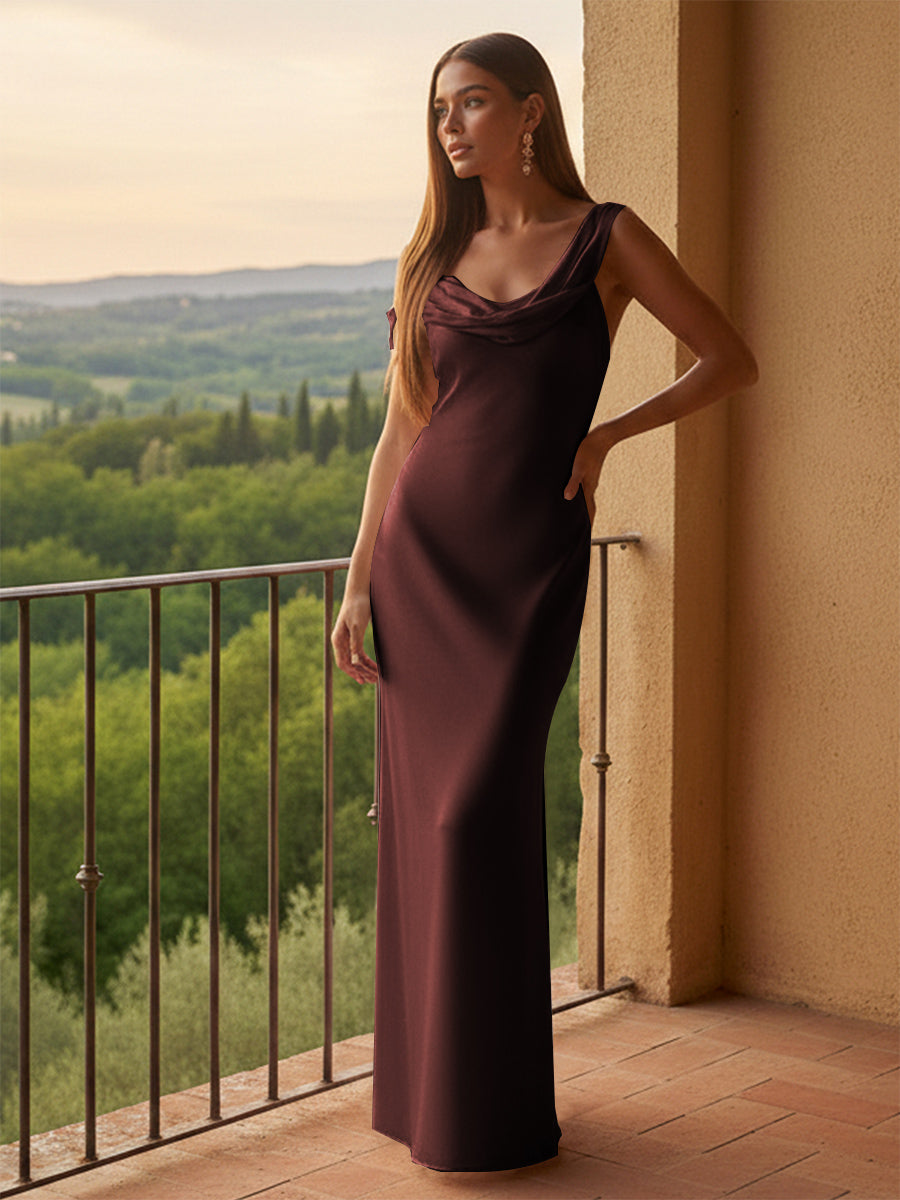 Satin V Neck Pleated Long Formal Dresses