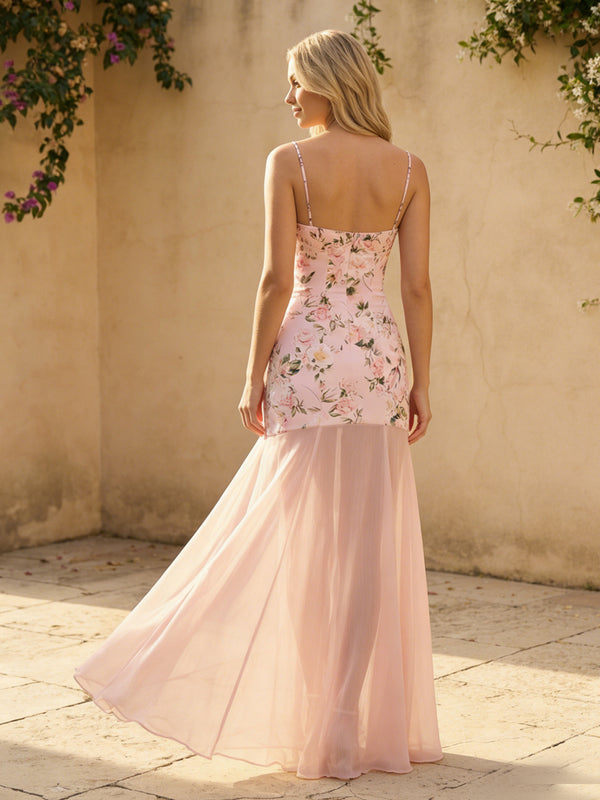 Sweetheart Spaghetti Straps Floral Print Wedding Guest Dresses