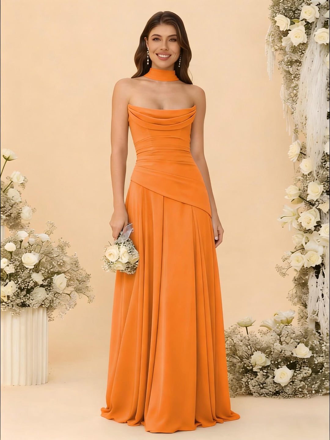 Chiffon Strapless Pleated A Line Formal Dresses with Scarf