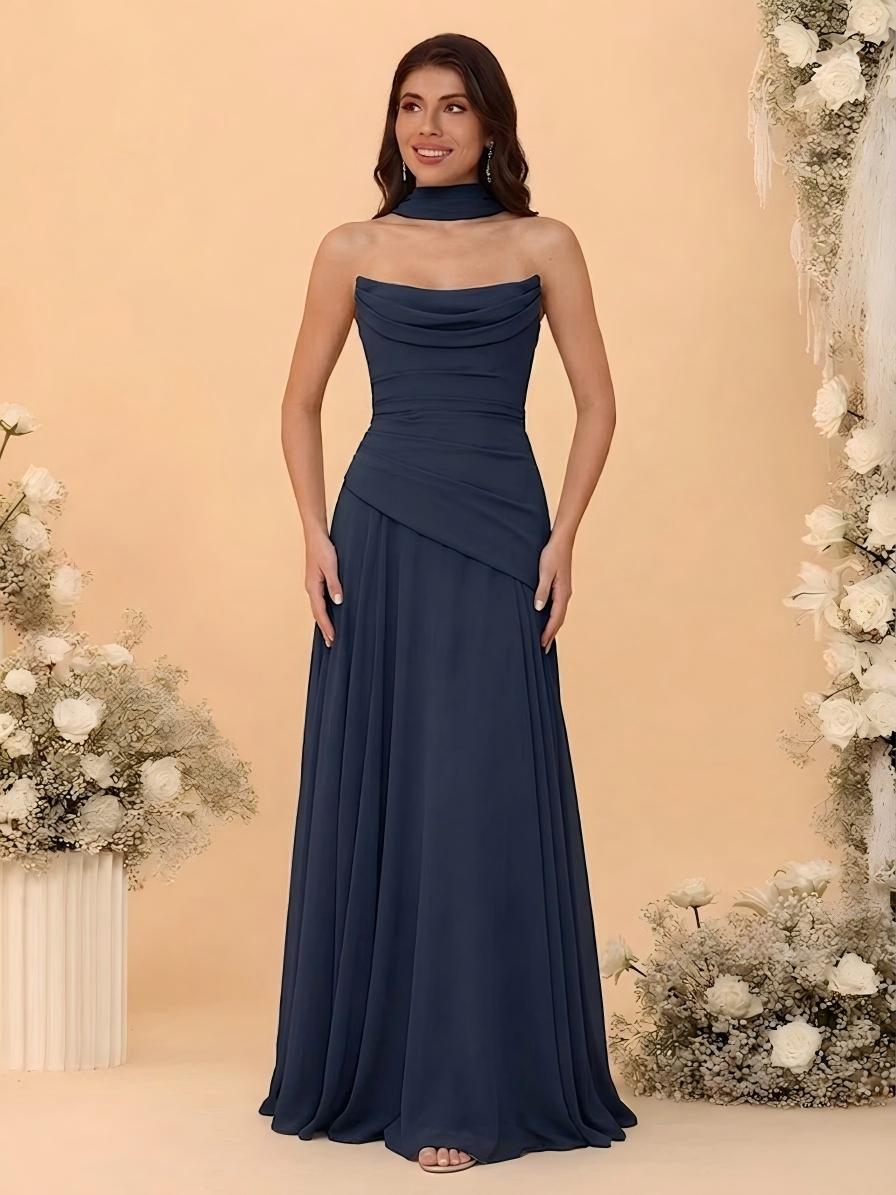 Chiffon Strapless Pleated A Line Formal Dresses with Scarf