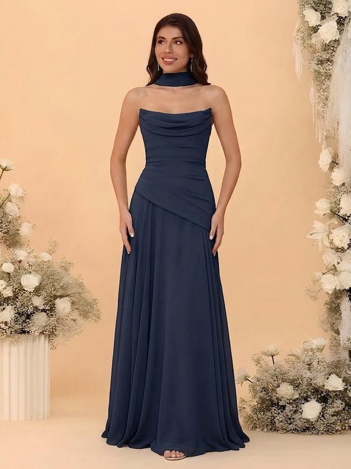Chiffon Strapless Pleated A Line Formal Dresses with Scarf