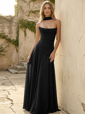 Chiffon Strapless Pleated A Line Bridesmaid Dresses with Scarf