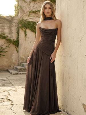 Chiffon Strapless Pleated A Line Bridesmaid Dresses with Scarf