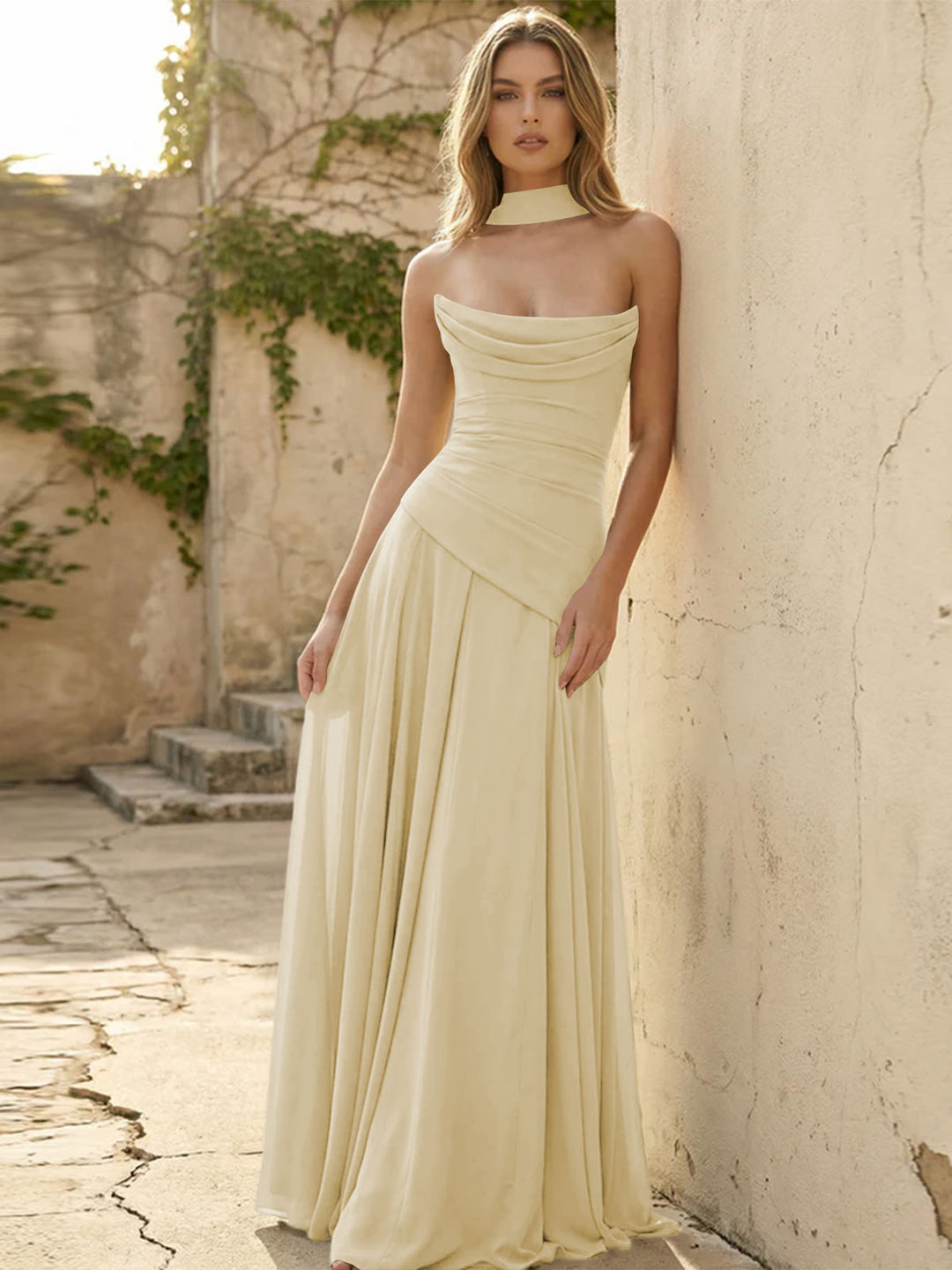 Chiffon Strapless Pleated A Line Formal Dresses with Scarf