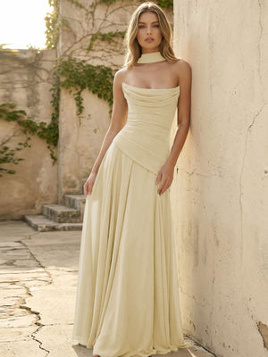 Chiffon Strapless Pleated A Line Bridesmaid Dresses with Scarf