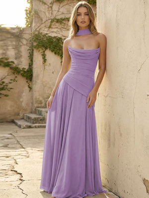 Chiffon Strapless Pleated A Line Bridesmaid Dresses with Scarf