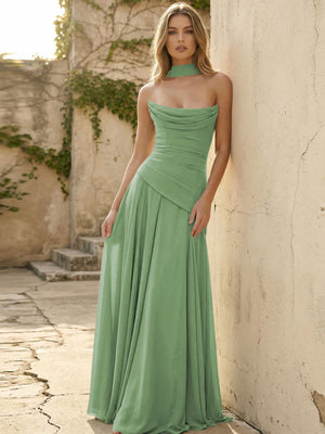 Chiffon Strapless Pleated A Line Bridesmaid Dresses with Scarf