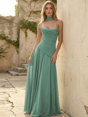 Chiffon Strapless Pleated A Line Bridesmaid Dresses with Scarf