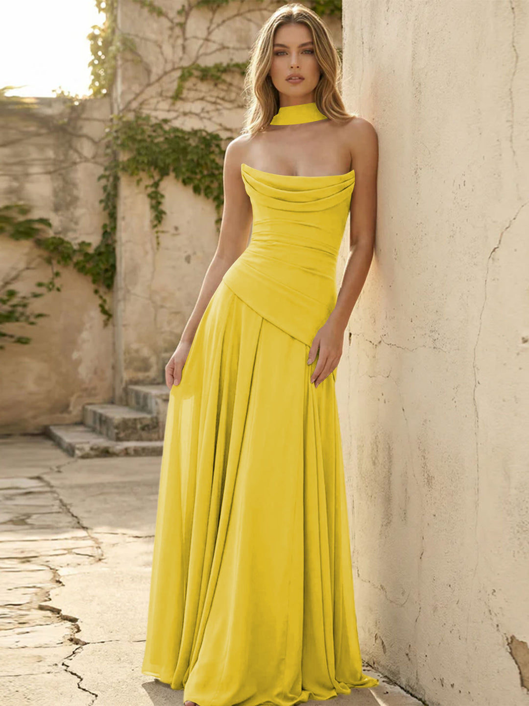 Chiffon Strapless Pleated A Line Formal Dresses with Scarf