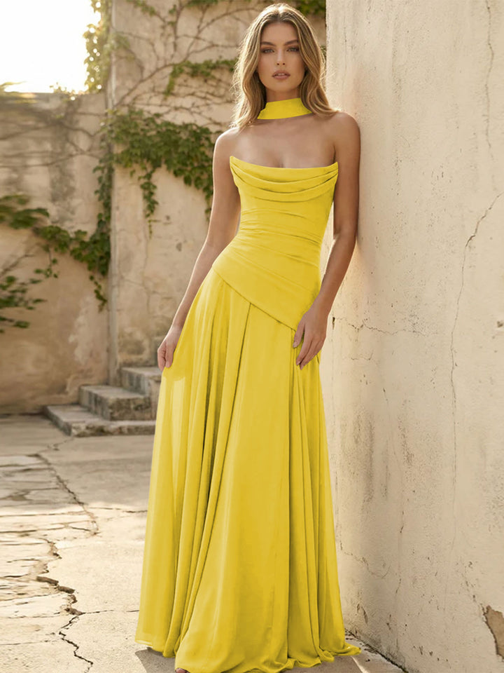 Chiffon Strapless Pleated A Line Formal Dresses with Scarf