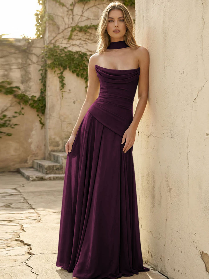 Chiffon Strapless Pleated A Line Formal Dresses with Scarf