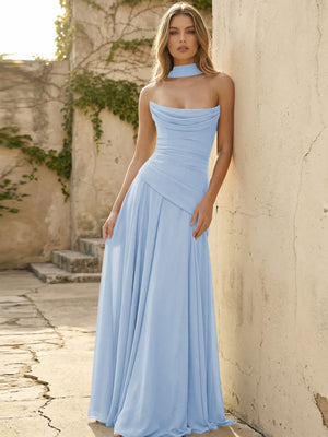 Chiffon Strapless Pleated A Line Bridesmaid Dresses with Scarf