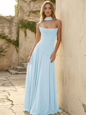 Chiffon Strapless Pleated A Line Bridesmaid Dresses with Scarf
