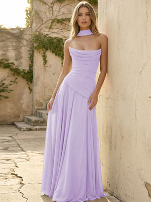 Chiffon Strapless Pleated A Line Bridesmaid Dresses with Scarf