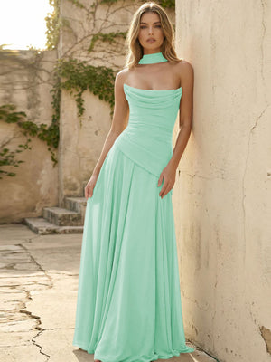 Chiffon Strapless Pleated A Line Bridesmaid Dresses with Scarf