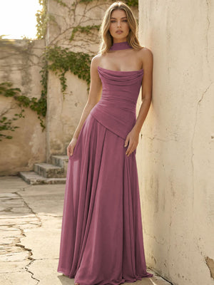 Chiffon Strapless Pleated A Line Bridesmaid Dresses with Scarf