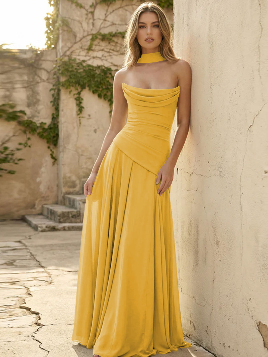 Chiffon Strapless Pleated A Line Formal Dresses with Scarf