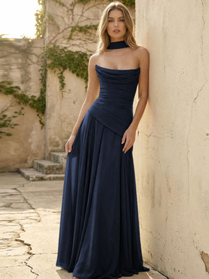Chiffon Strapless Pleated A Line Bridesmaid Dresses with Scarf
