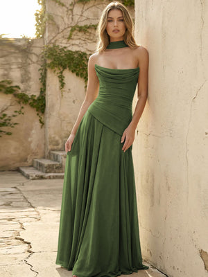 Chiffon Strapless Pleated A Line Bridesmaid Dresses with Scarf