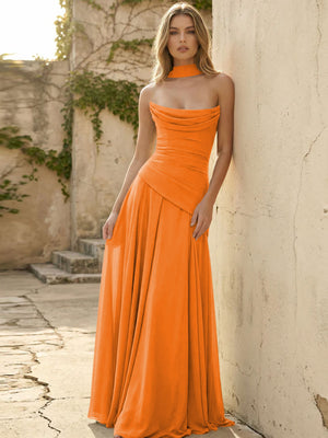 Chiffon Strapless Pleated A Line Bridesmaid Dresses with Scarf