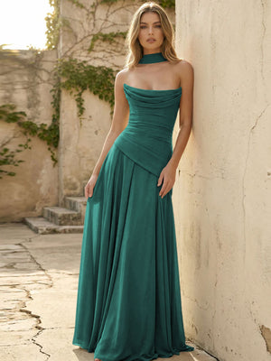Chiffon Strapless Pleated A Line Bridesmaid Dresses with Scarf