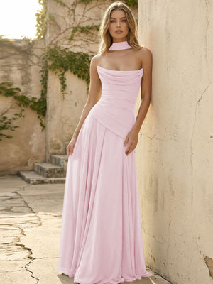 Chiffon Strapless Pleated A Line Bridesmaid Dresses with Scarf