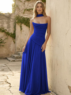 Chiffon Strapless Pleated A Line Bridesmaid Dresses with Scarf