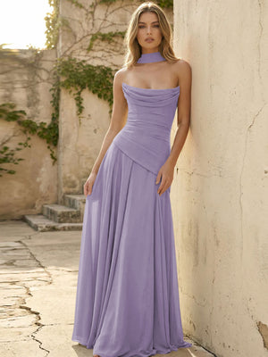 Chiffon Strapless Pleated A Line Bridesmaid Dresses with Scarf