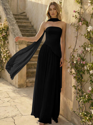 Chiffon Strapless Pleated High Slit A Line Formal Dresses with Scarf
