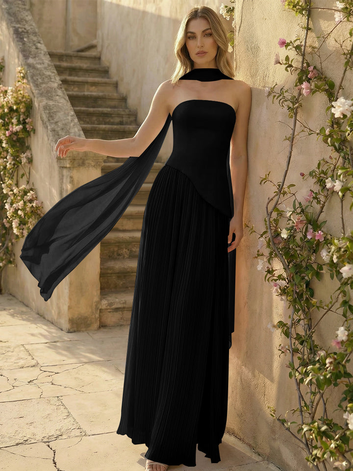 Chiffon Strapless Pleated High Slit A Line Formal Dresses with Scarf