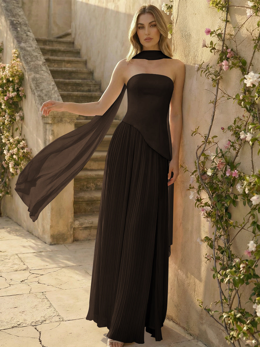 Chiffon Strapless Pleated High Slit A Line Formal Dresses with Scarf
