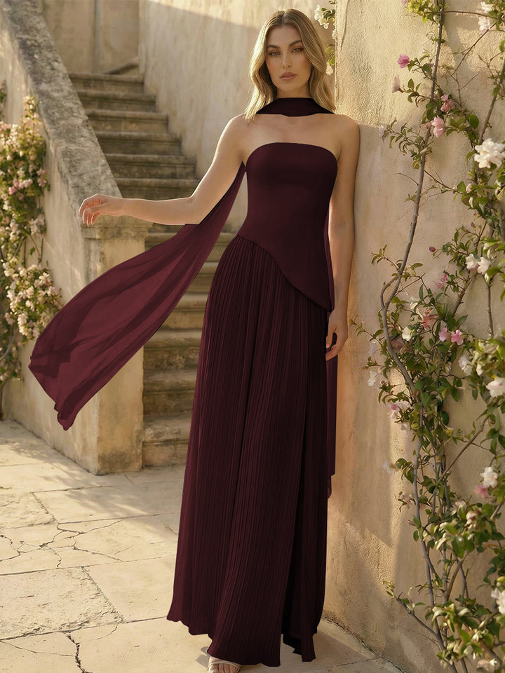 Chiffon Strapless Pleated High Slit A Line Formal Dresses with Scarf
