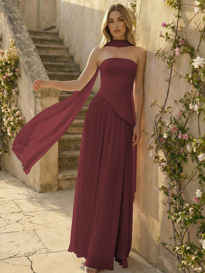 Chiffon Strapless Pleated High Slit A Line Formal Dresses with Scarf