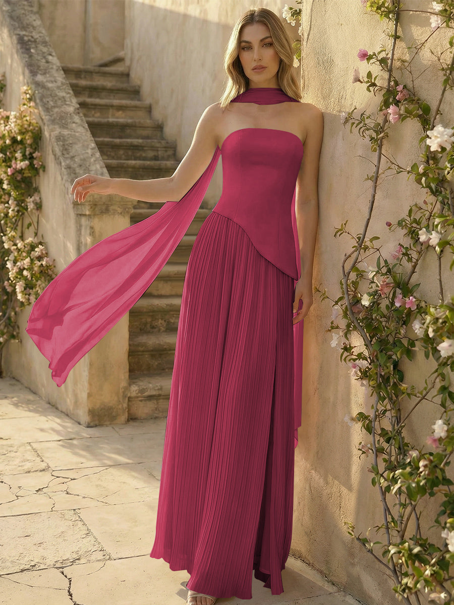 Chiffon Strapless Pleated High Slit A Line Formal Dresses with Scarf
