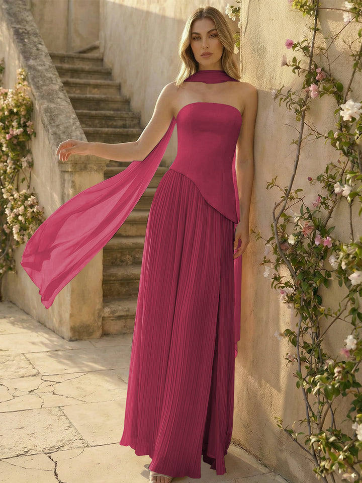 Chiffon Strapless Pleated High Slit A Line Formal Dresses with Scarf