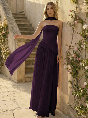Chiffon Strapless Pleated High Slit A Line Formal Dresses with Scarf