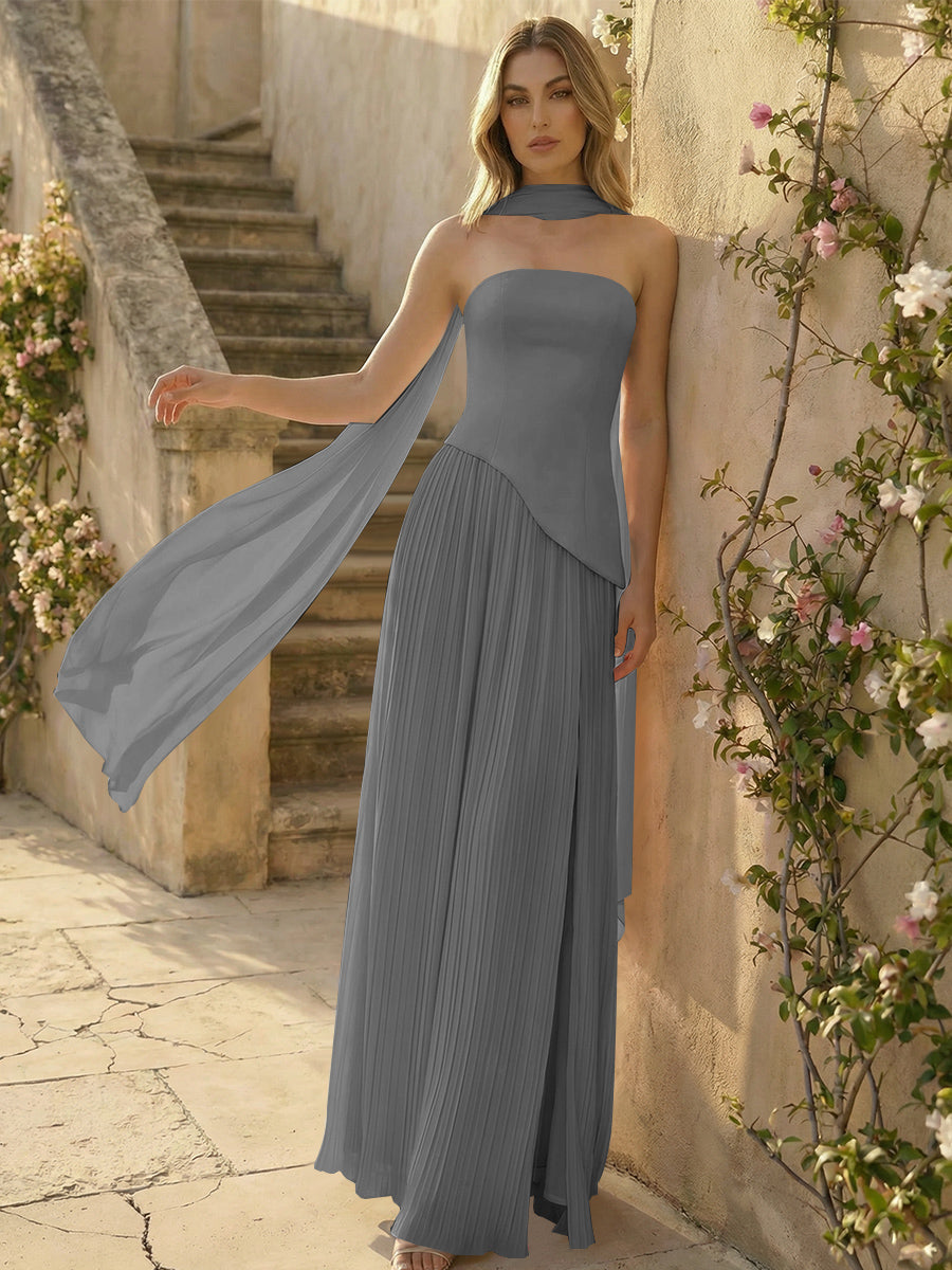 Chiffon Strapless Pleated High Slit A Line Formal Dresses with Scarf
