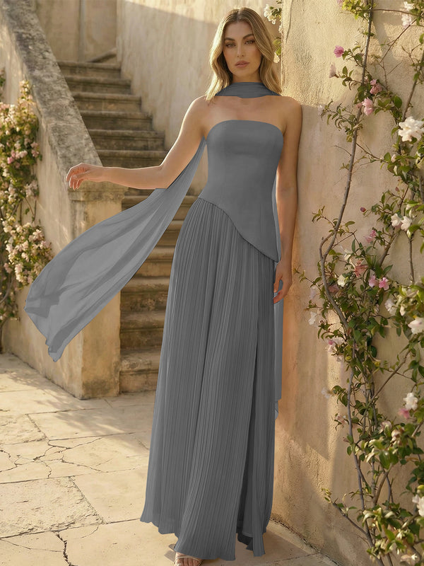 Chiffon Strapless Pleated High Slit A Line Formal Dresses with Scarf