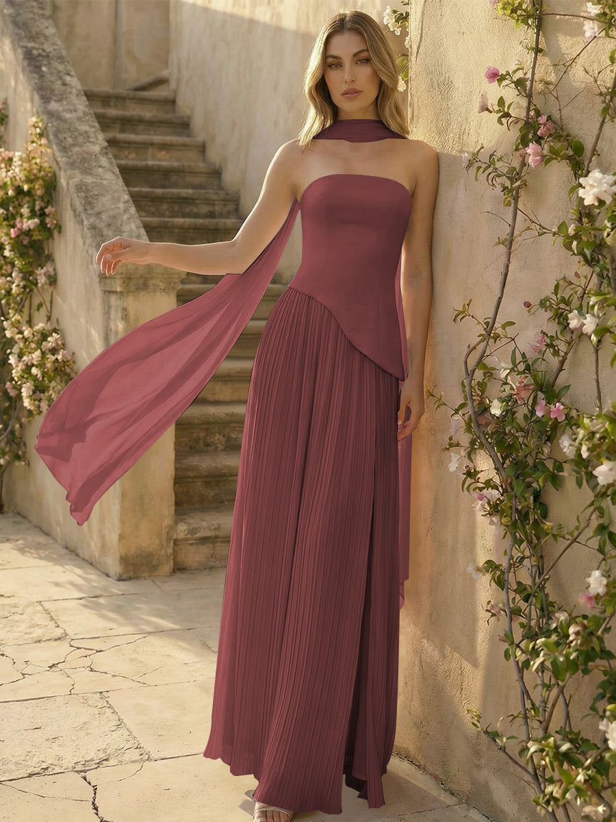 Chiffon Strapless Pleated High Slit A Line Formal Dresses with Scarf