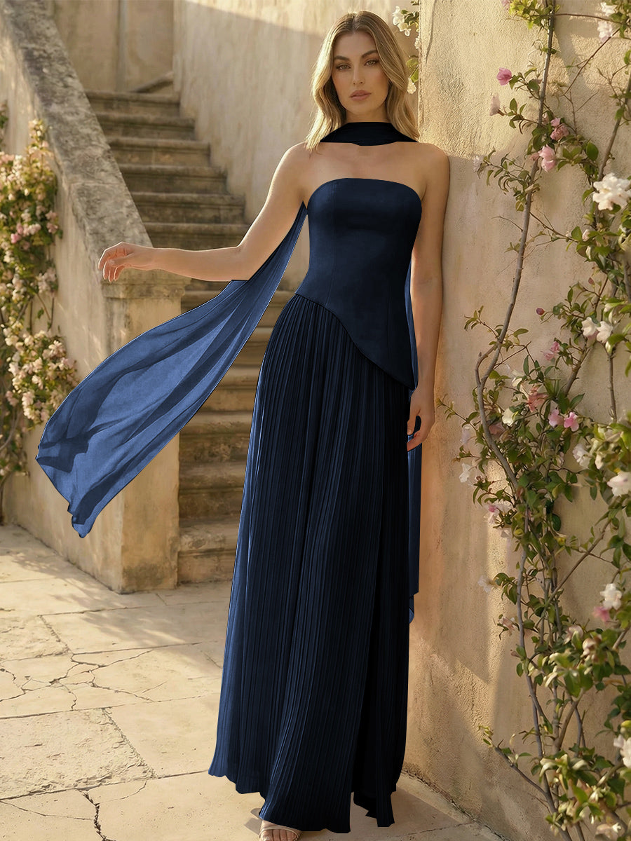 Chiffon Strapless Pleated High Slit A Line Formal Dresses with Scarf
