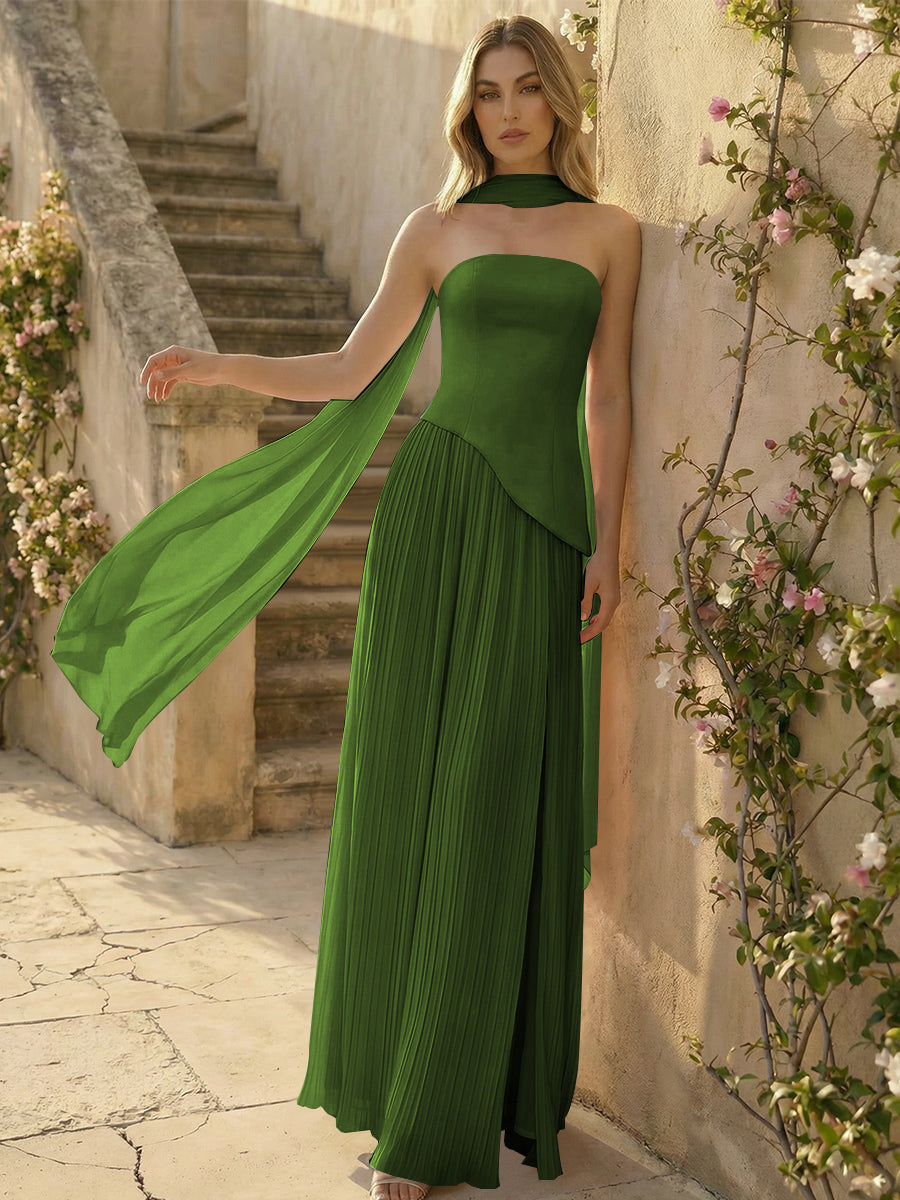 Chiffon Strapless Pleated High Slit A Line Formal Dresses with Scarf