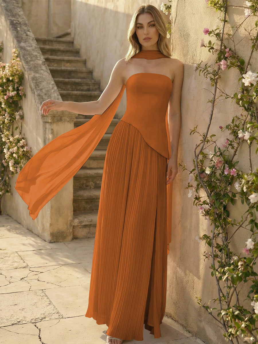 Chiffon Strapless Pleated High Slit A Line Formal Dresses with Scarf