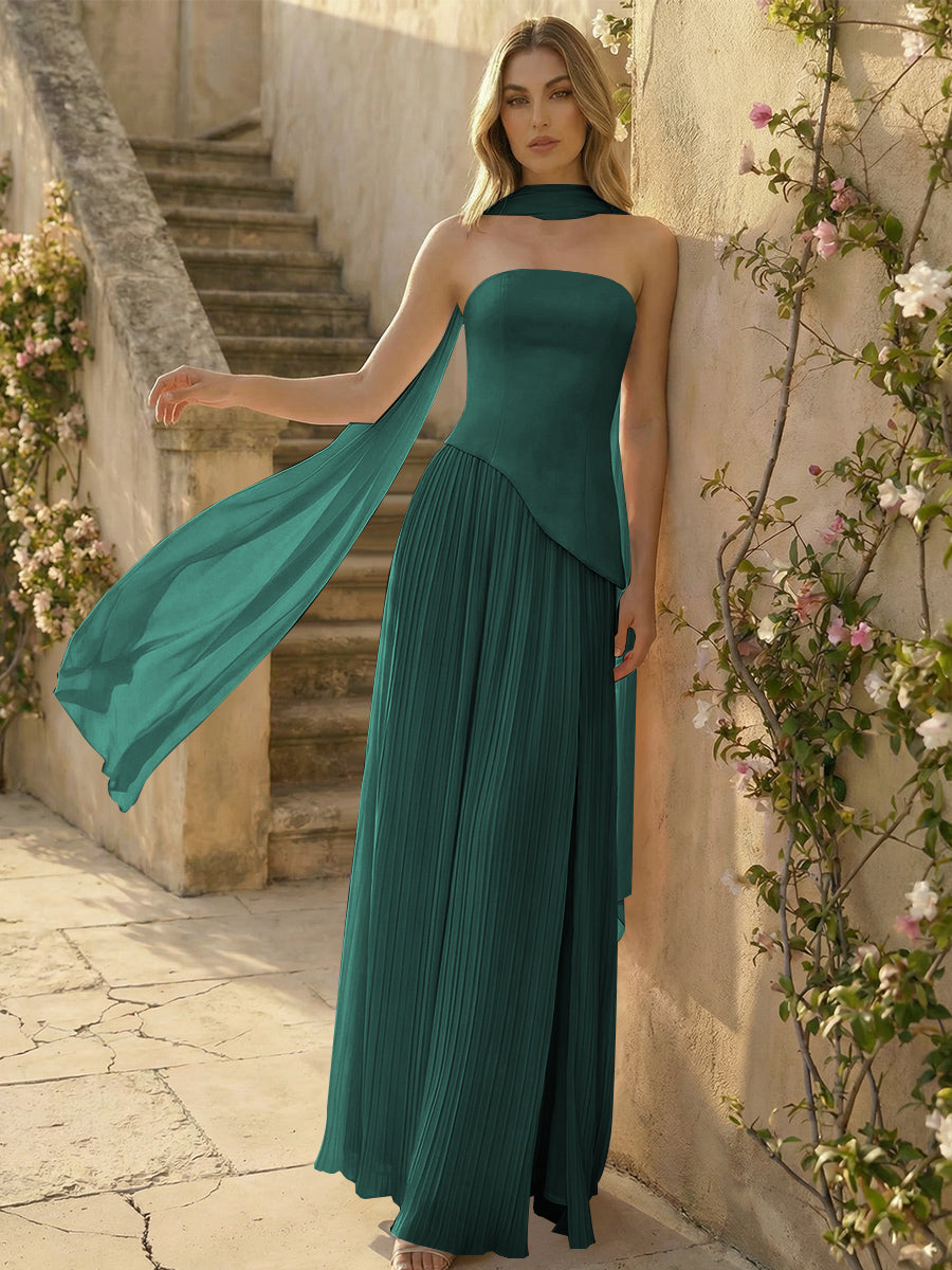 Chiffon Strapless Pleated High Slit A Line Formal Dresses with Scarf
