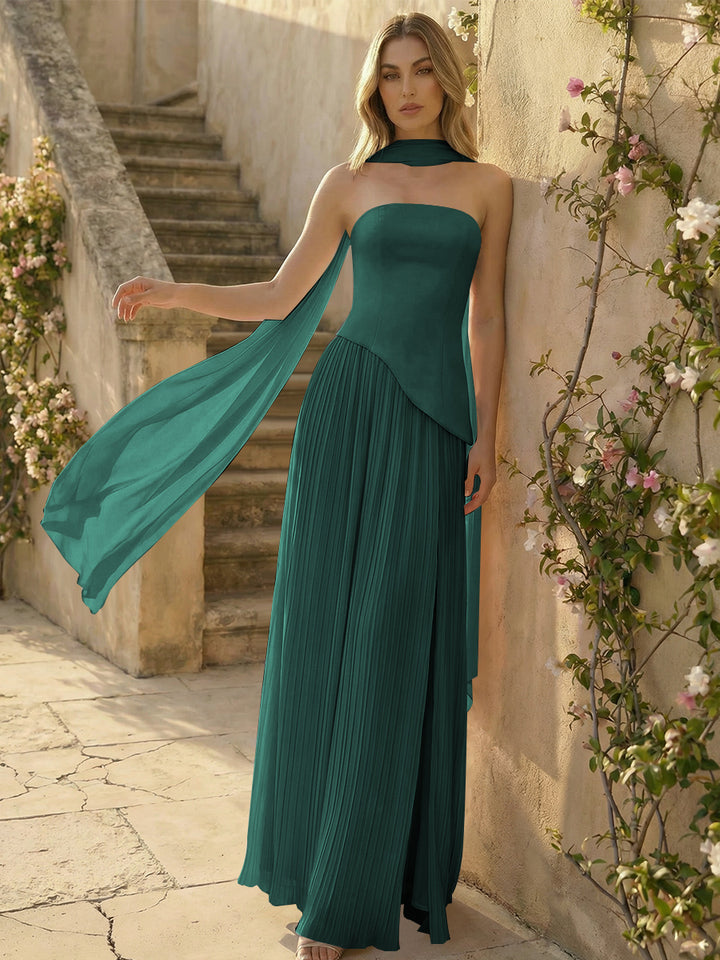 Chiffon Strapless Pleated High Slit A Line Formal Dresses with Scarf