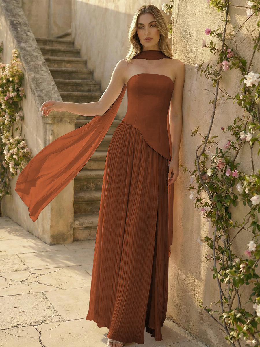 Chiffon Strapless Pleated High Slit A Line Formal Dresses with Scarf