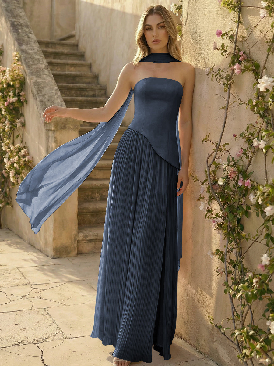 Chiffon Strapless Pleated High Slit A Line Formal Dresses with Scarf