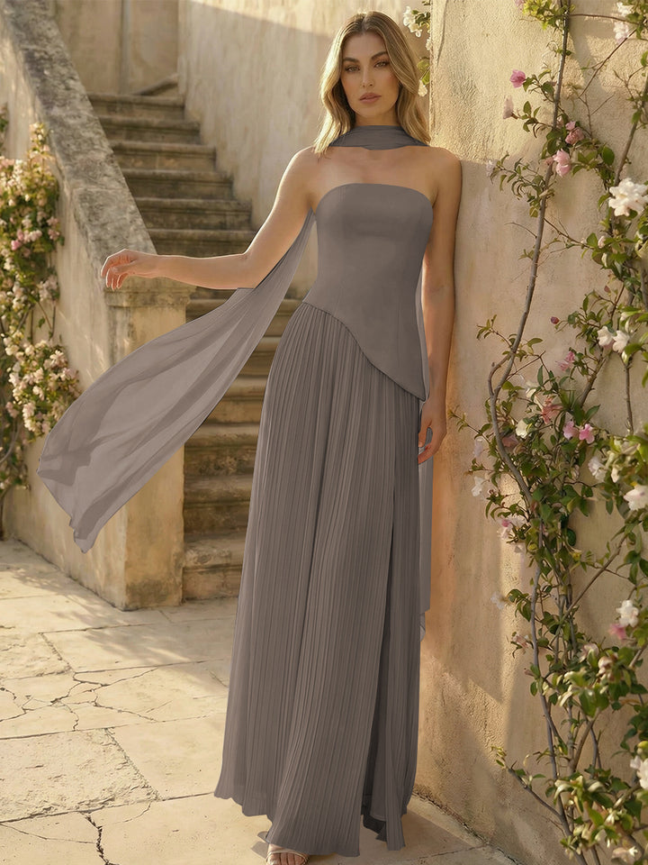 Chiffon Strapless Pleated High Slit A Line Formal Dresses with Scarf